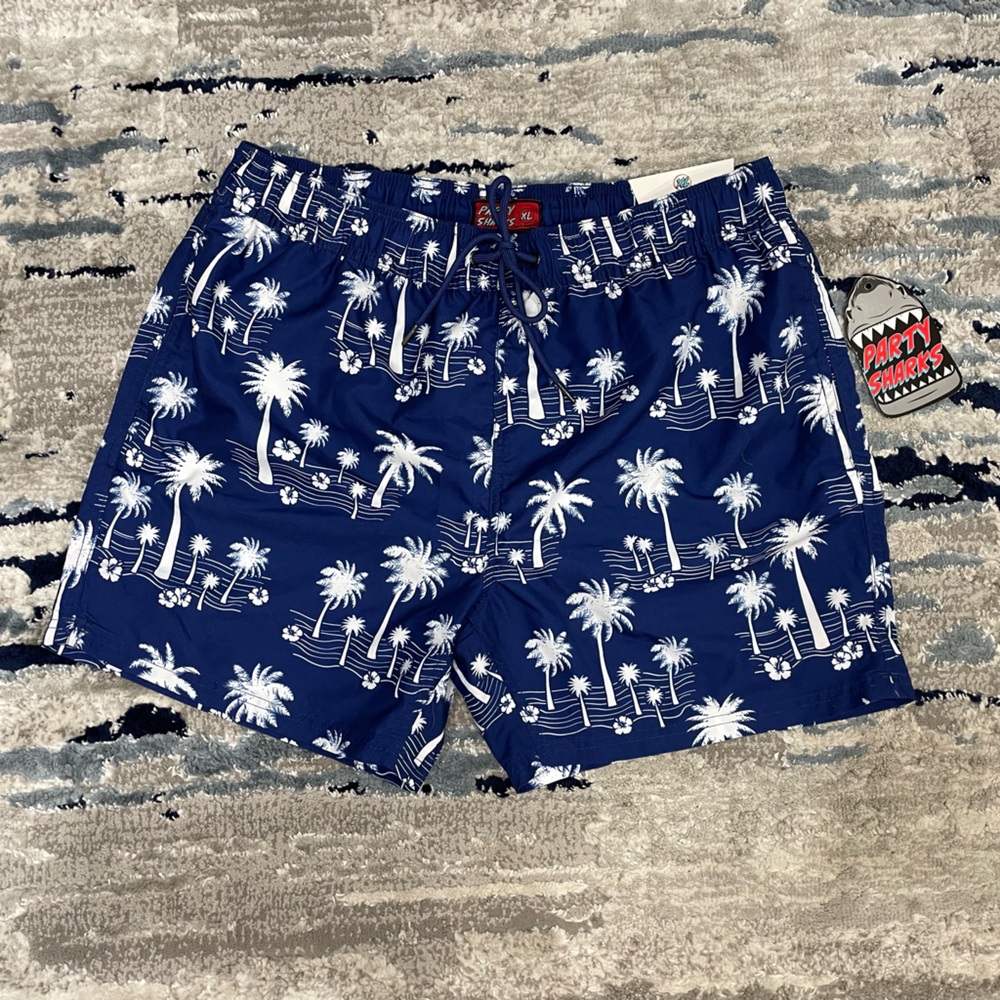 Navy Palm Tree Print Swim Board Shorts